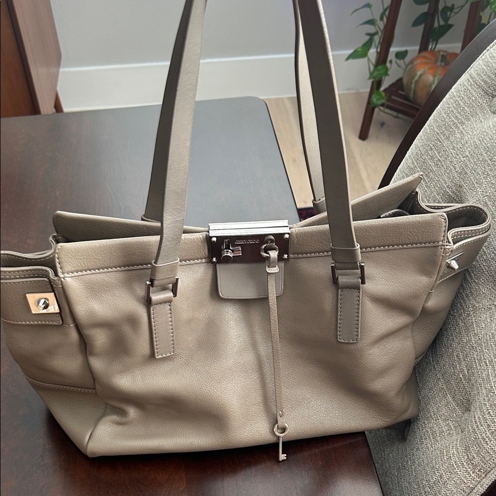 Jimmy Choo Farrah Taupe Leather Designer Tote Bag - Picture 13 of 13